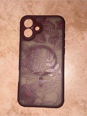 Burgundy Rose Pattern iPhone 16 plus Protective Case